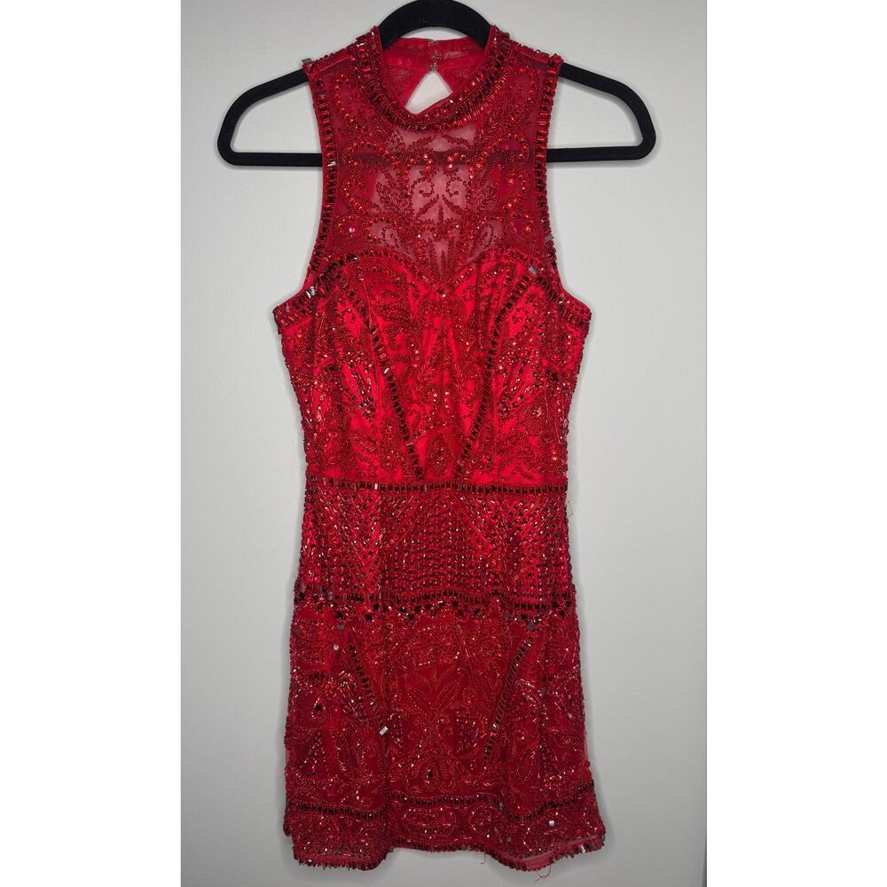Sherri Hill Red Open Back Beaded Formal Prom Mini Dress - Size 8